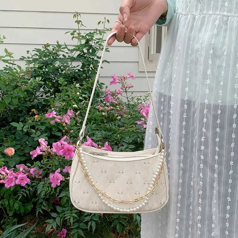 Pink Womens Shoulder Bag Elegant Cute Bow Pearl Chains Bow Embroidery Handbag Casual Leather Korean Female HandbagXJ250227