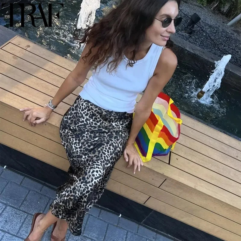 TRAF Skirts Woman Leopard Print Midi Skirt High Waist Vintage Long Skirts For Women Bow Fall Satin Skirt Elegant Womens Skirts 250224