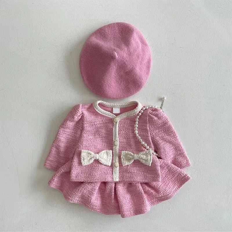 Autumn Baby Girl Long Sleeve Clothes Set Infant Cute Bow Cardigan Coat Half Skirt 2pcs Suit Girls Sweet Outfits 250227