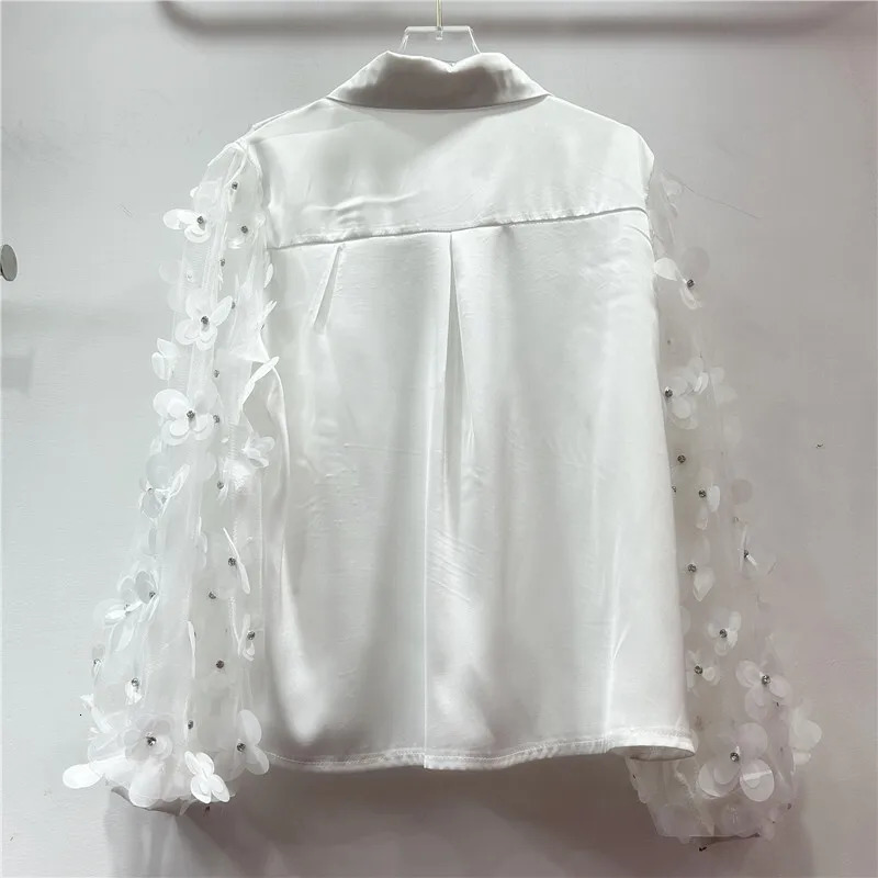 DEAT Women Shirt Loose Patchwork 3D Flowers Double Layer Perspective Mesh Single Breasted Blouse Spring 2025 Fashion 29L9414 250226