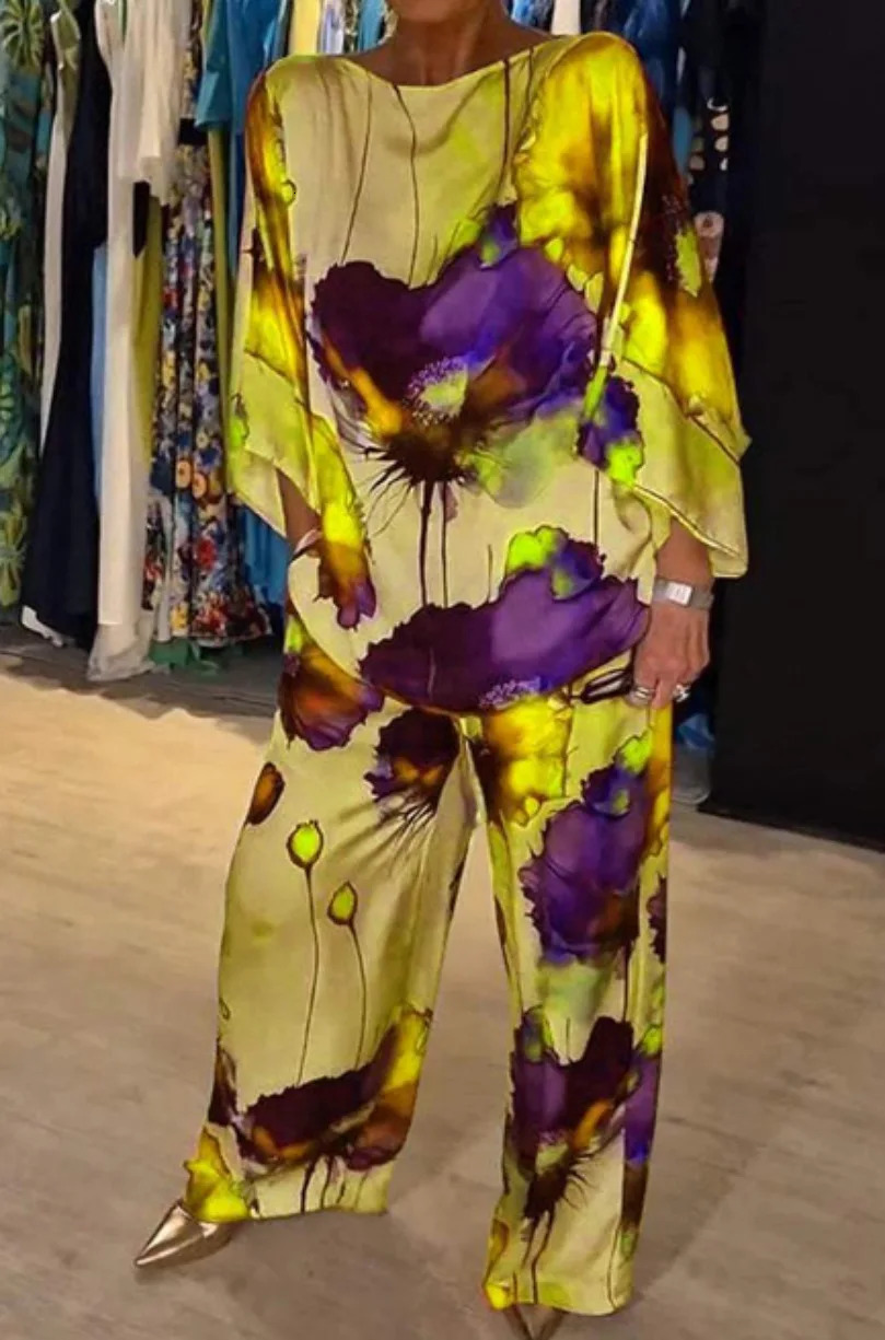 Conjuntos Para Mujeres 2 Piezas Women Printed Satin Two-piece Set 34 Sleeve Round Neck Pants Summer Fashionpant Sets 250320