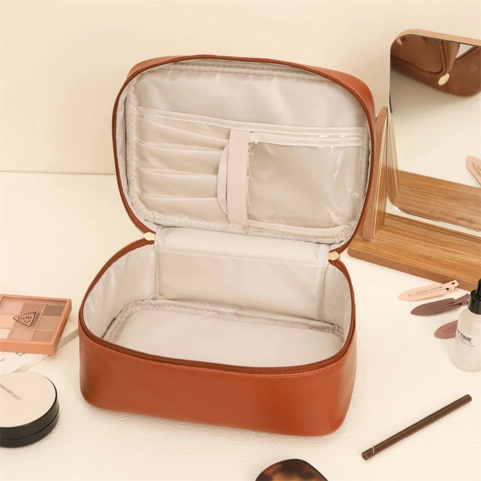 Ship from US Large Capacity Simple Square PU Leather Makeup Organizer Portable Womens Bathroom Bag 250227FBB