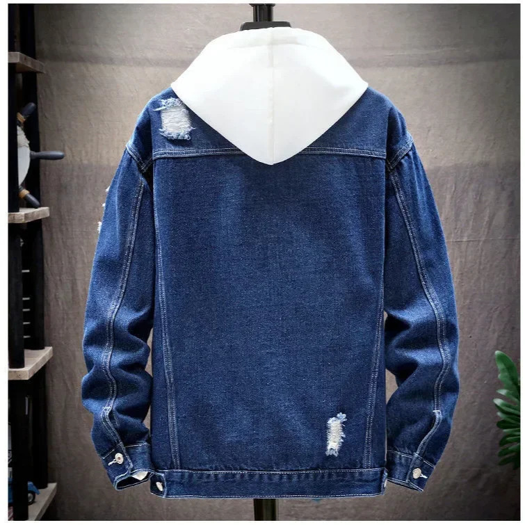 Mens Denim Jacket Ripped Hole Single Breasted Coats Spliced Outerwear Jackets Pockets Casual Loose Washed Distressed 250225