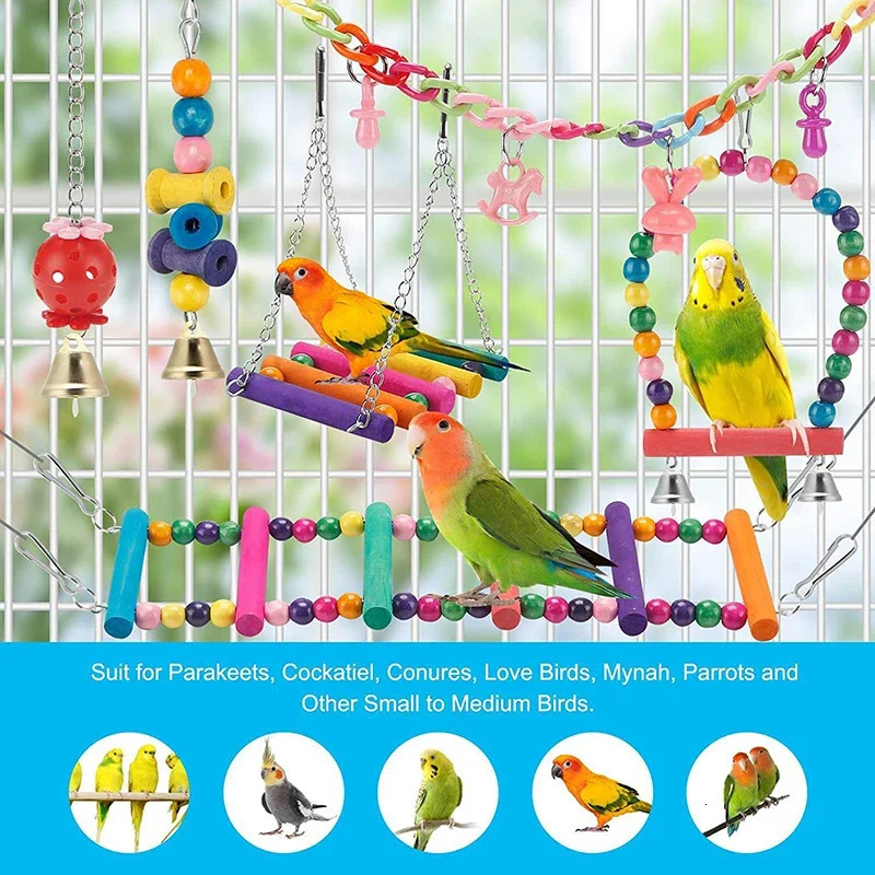 Bird Cage Toys for Parrots Wood Birds Swing Reliable Chewable Bite Bridge Wooden Beads Shape Parrot Toy 11pcs Bird Toys parrot 250226