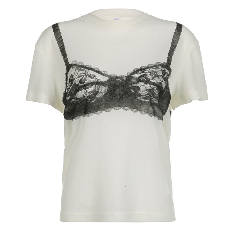 Design sense contrasting lace see through corset printed T-shirt 2025 summer fashion loose casual short sleeved top