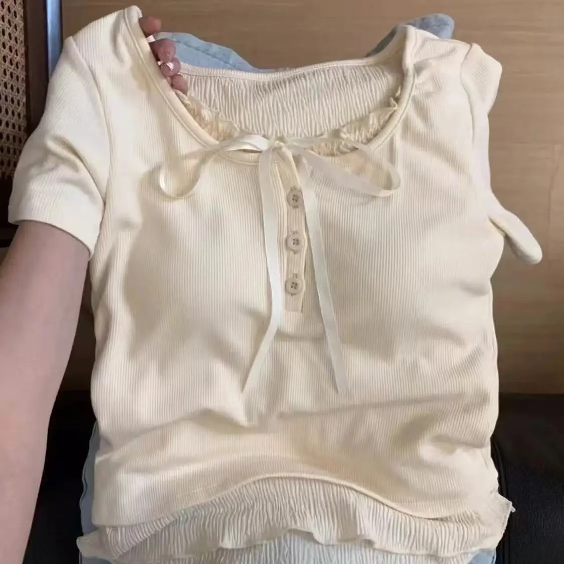 Lace Two Gray Women TShirts Summer Korean Fashion Slim ShortSleeved American Spice Girl Retro Sweet Short Tops 250226