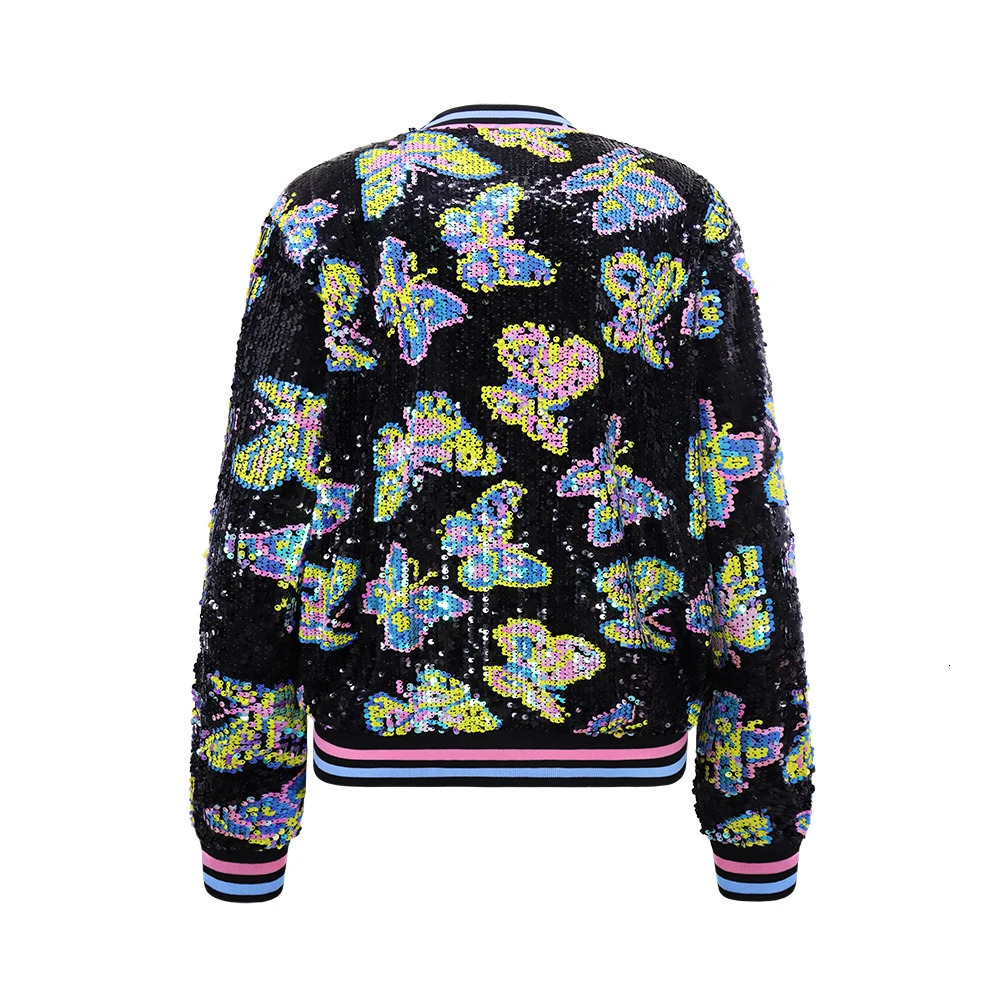 Butterfly Pattern Beaded Jacket Stylish Long Sleeve Zipper For Spring Fall Womens Clothing 250227
