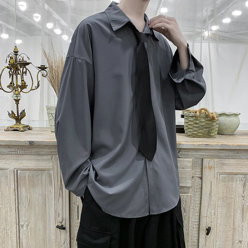Tie Long Sleeved Shirt Men Fashion Society Mens Black Dress Shirt Korean Loose Casual White Shirt Mens Office Formal Shirts 250224