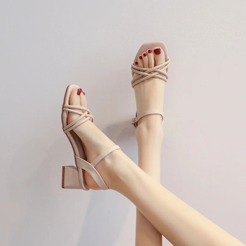 Comfort Shoes for Women Multicolored Sandals Buckle Strap Summer Heels All-Match Med Cross Girls Block Low High Fashion Med 250226