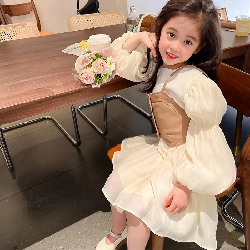 Long Sleeve Chiffon Princess Dress PU Leather Vest 2Pcs Girls Dress Spring And Autumn Fashion 2-12 Years Kids Clothes 250227