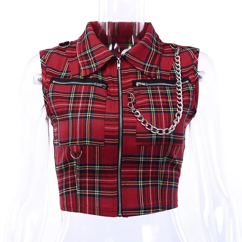 Plaid Punk Street Clothing Zipper Chain Womens Gothic Retro Hi Hop Camis Fashion Sexy Cut Top Tshirt 250226