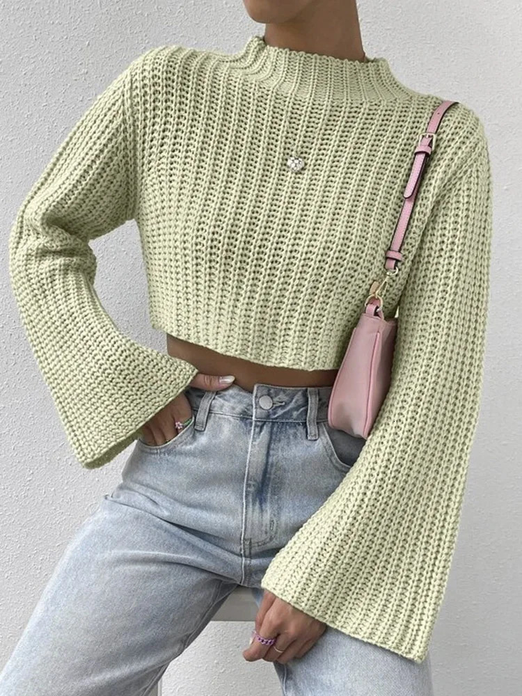 Korean Style Solid Cropped Sweater Women Vintage Oversize Knit Jumper Fmale Autumn Long Sleeve Oneck Pullovers Tops 250225