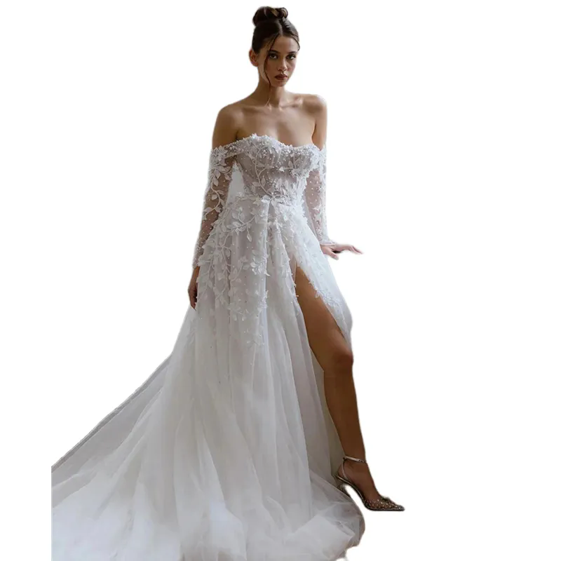Sheer V-Neck Ball Gown Wedding Dress Delicate Beading Pearls Aplliques Lace Illusion Full Sleeves Bridal Gowns Plus Size Vestido De Noiva 03