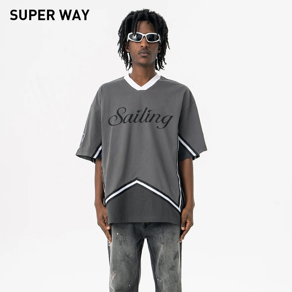 Superway Original Letter Printed T-Shirt Mens Patchwork Cotton Short Sleeves V-Neck Tees High Street American Style Tops 250225