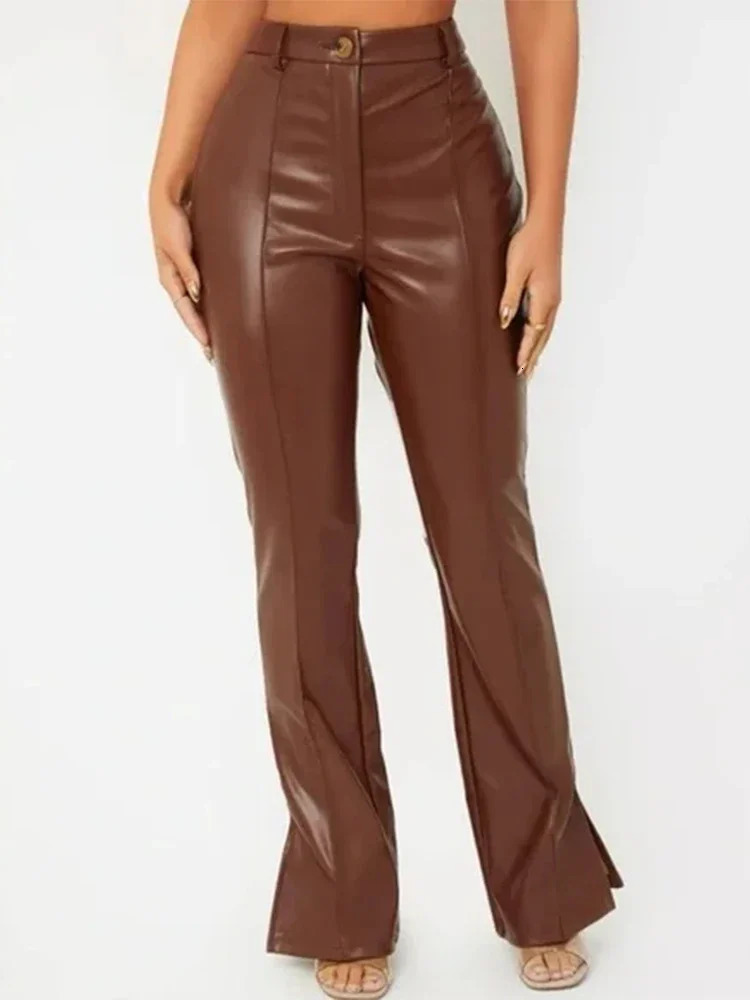 Vintage Matte Leather Trousers Women High Waist Brown Stretch PU Slim Pants Hem Side Split Ladies Bodycon Leggings Custom 250226