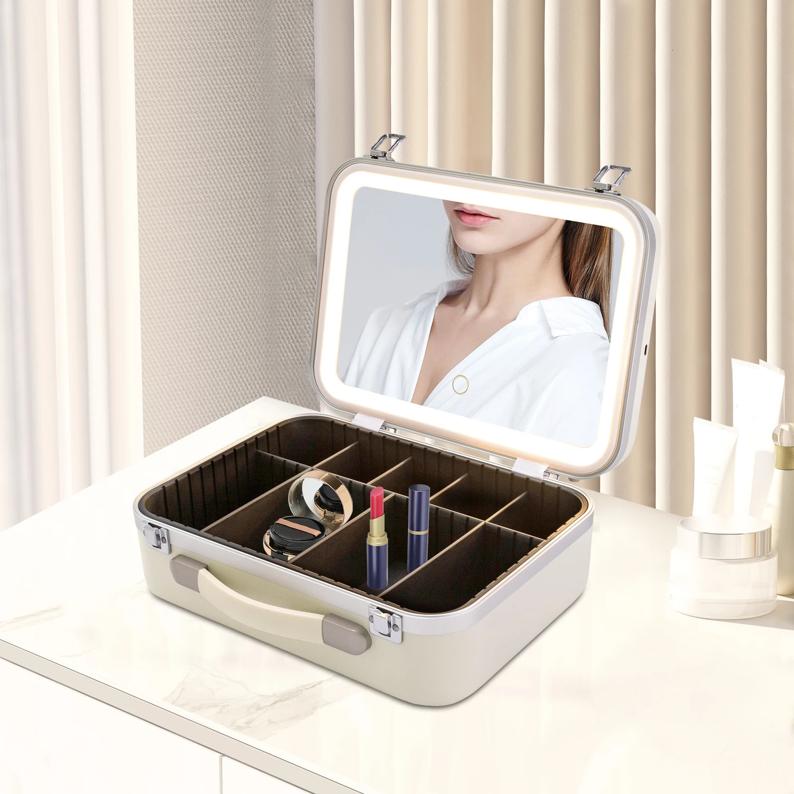Ship from US White Makeup Organizer Box with Upgraded Halogen Light and Mirror Premium Cosmetic Storage Case 250227FBB