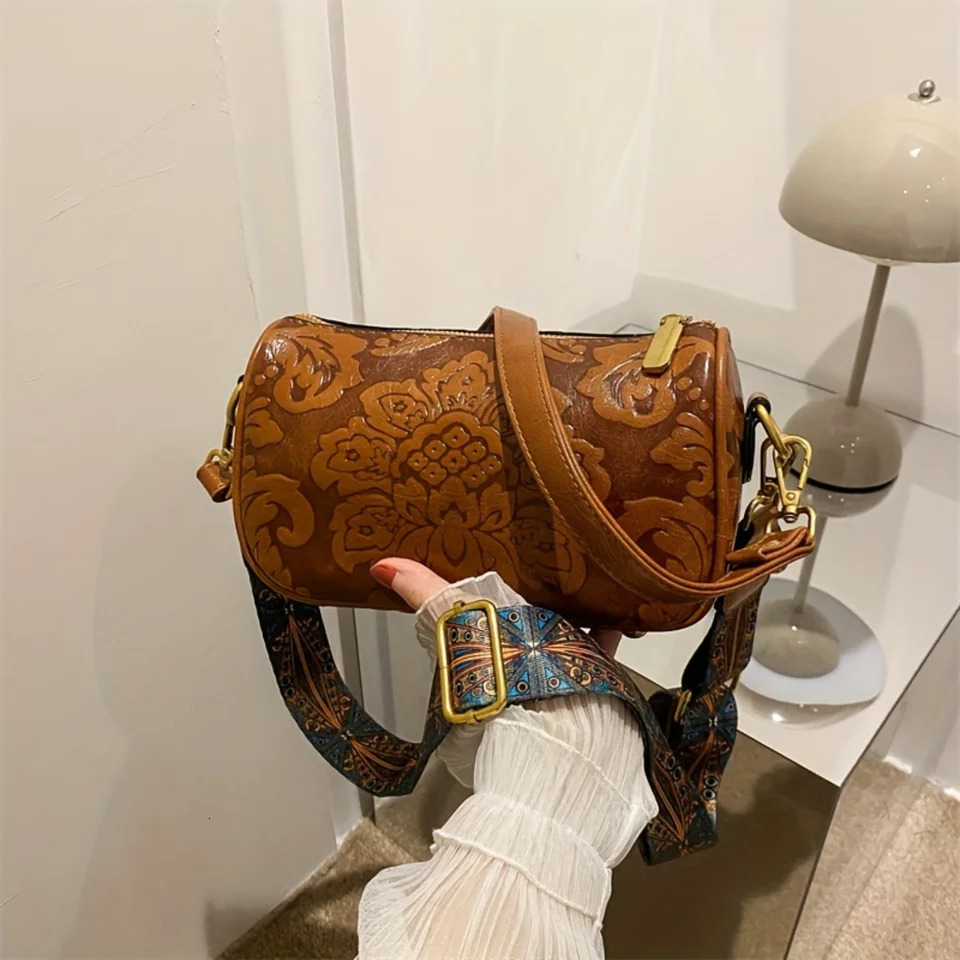 Ship from US Retro Flower Embossed Crossbody Bag Fashion PU Leather Boston Womens Ethnic Strap Shoulder Purse w250227FBB