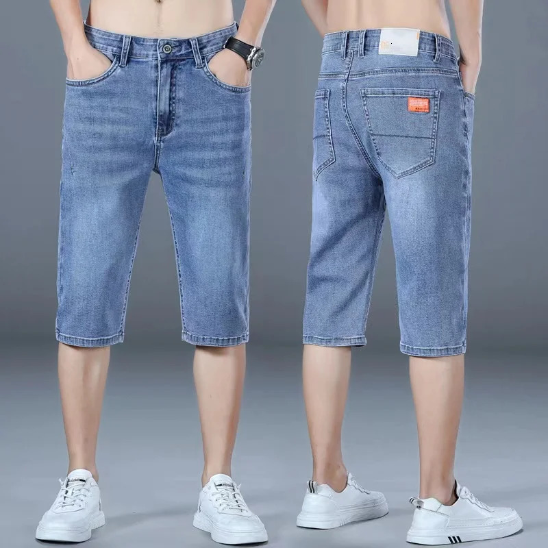 Summer Style Mens Appliques Denim Shorts Blue Black Loose Straight Stretch Casual Jeans Shorts Men Clothing 250226