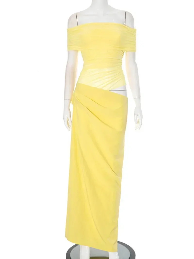Elegant Yellow Holiday Beach Dresses for Women Sexy Slash Neck Mesh Patchwork Evening Dress Folds Hollow Out Long Party Gowns 250226