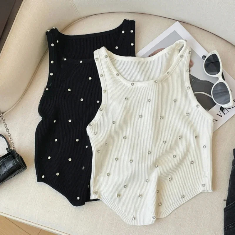 Rhinestone Knitted Tank Top White Crew Collar Sleeveless Summer Womens Wear Crop 250226