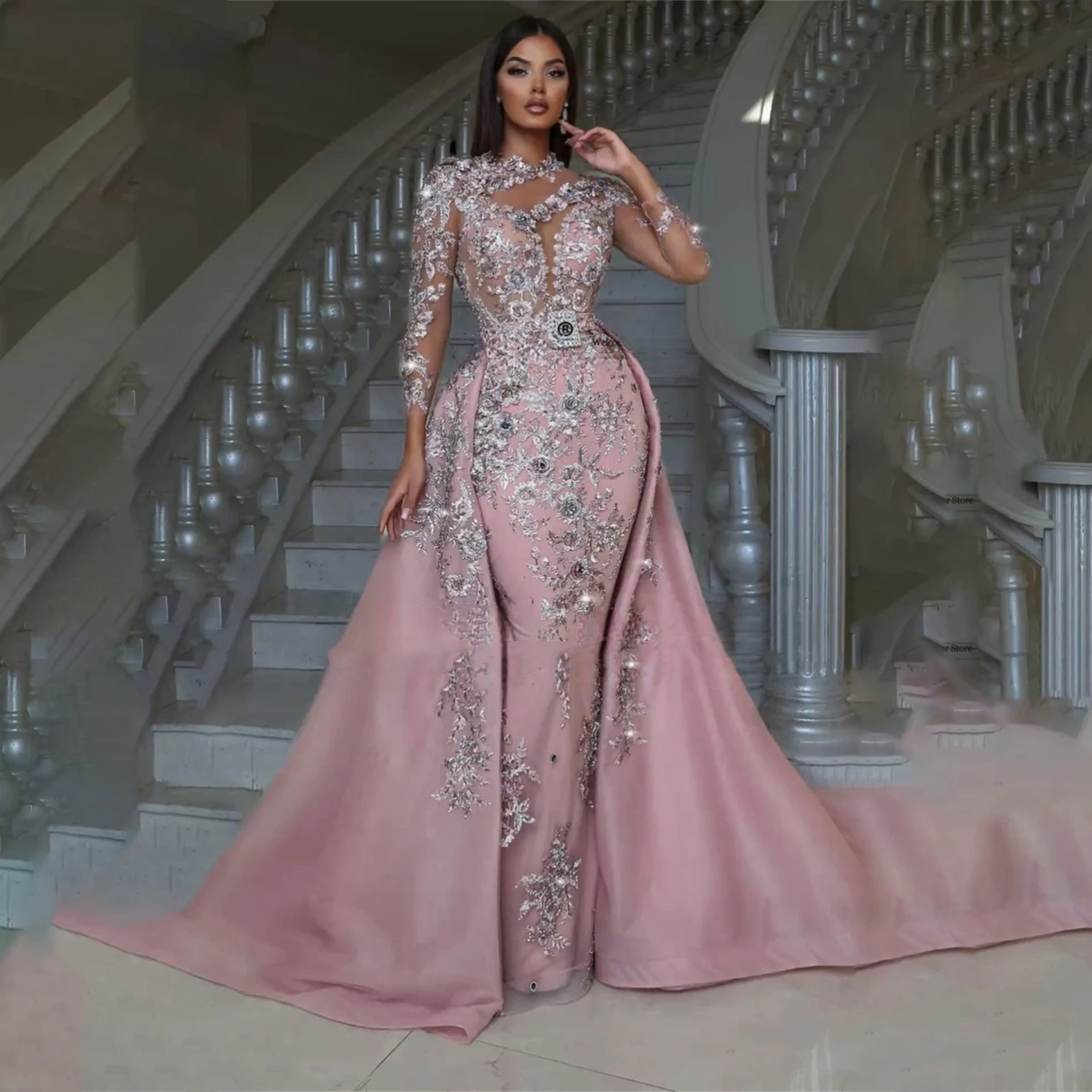 Silver Lace Beaded Mermaid Prom Dresses Appliques Formal Evening Party Gowns Full Sleeves Detchable Train Pink Special occasion Dress Vestidos de gala