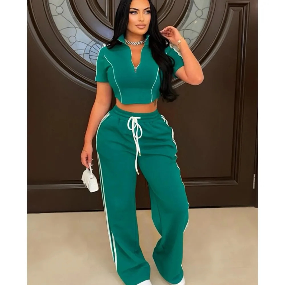 Fashion Casual Short Hoodie 2 Piece Women Summer Zipper Top Short Sleeved Sports T Shirt Stripe Splicing Long Pants Female Suit 250227