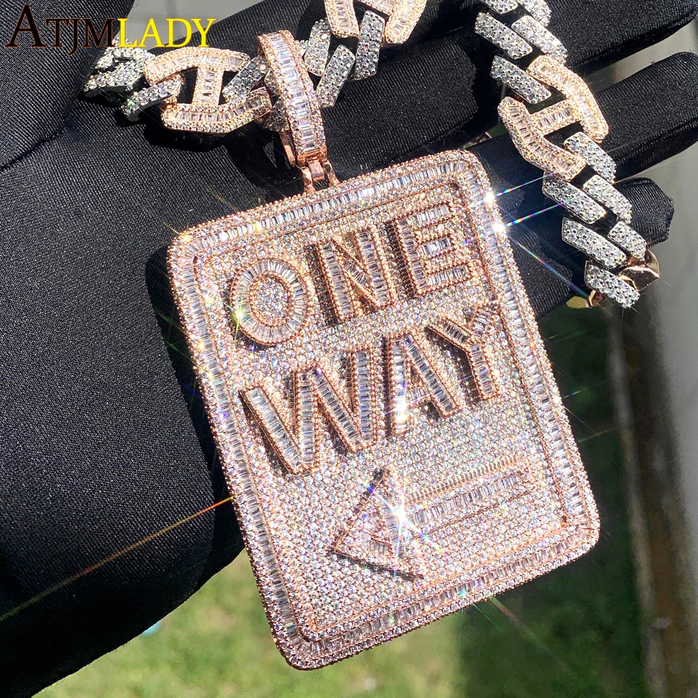 Hip Hop Geometric Rectangle Letter One Way Pendant Necklace Full Paved Cubic Zirconia Iced Out Bling 5A Cz Men Boy Jewelry 250227