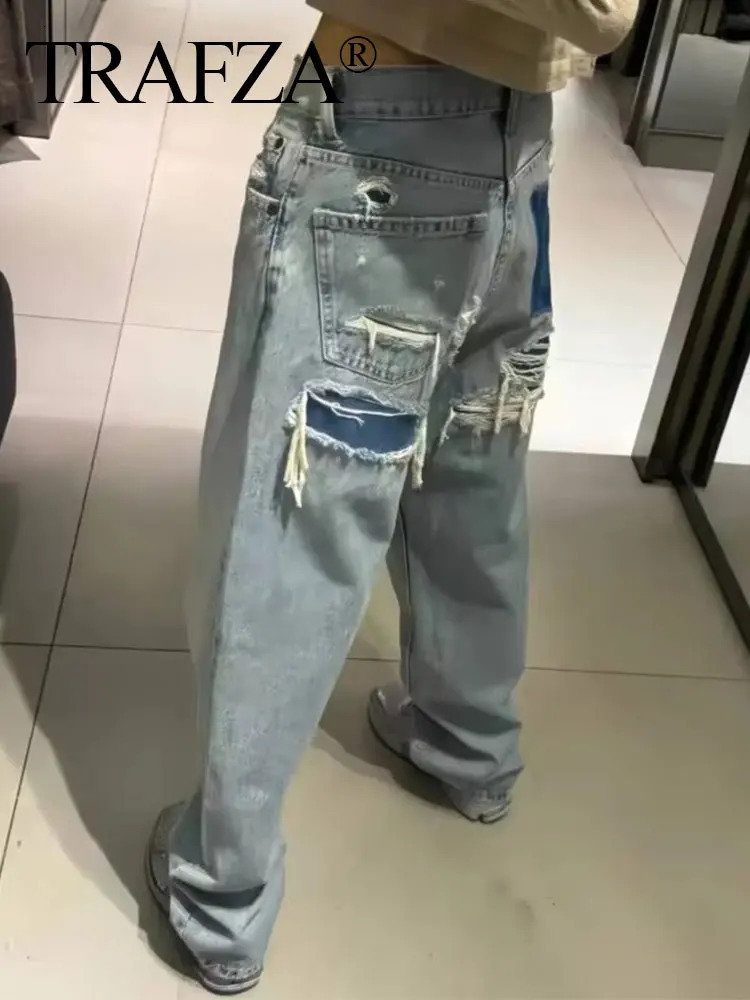 TRAFZA Jeans For Women Denim Solid Loose Zipper Fly Female Hole Trouser Pockets Wild Basic Commute Woman Wide Leg Long Pants 250226