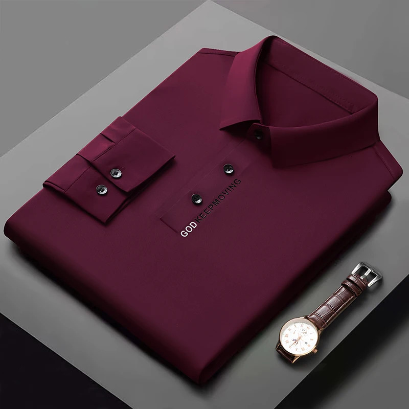 High Quality Mens Long Sleeved POLO Shirt Autumn Solid Color Printing Seamless Ice Silk Lapel Fashionable Mens Clothing 250225