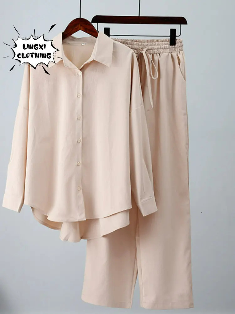 Summer Outfits for Women Fashion Loose Elastic Wrinkle Long Sleeve Shirt Wide Leg Pants Casual Set 2 Piece 250226