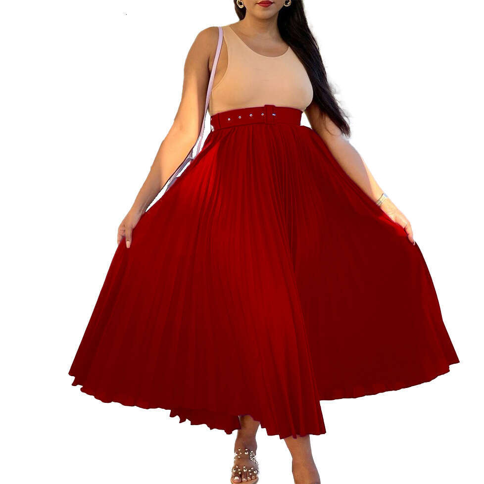 D293P with waist belt, European and American women's clothing, high waist, large medium length pleated elegant drape, half skirt, 2025 versatile 