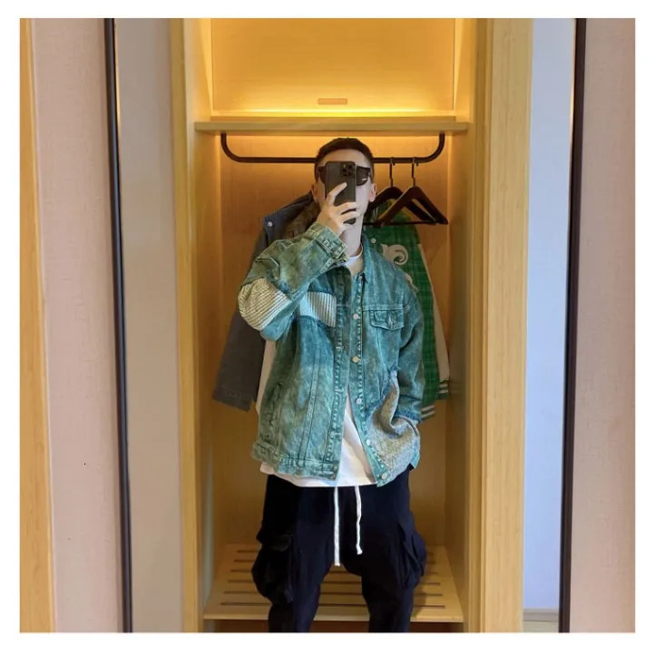 Mens Jean Coats Splicing Geometry Autumn Mens Denim Jacket Green American Retro Autumn Denim Jacket Korean Fashion Y2K Clothing 250225