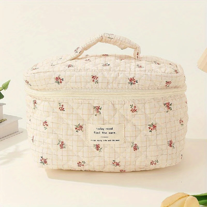 Ship from US 3Pcs Cotton Quilted Makeup Bag Coquette Large Travel Cosmetic Aesthetic Cute Kawaii Floral Toiletry 250227FBB