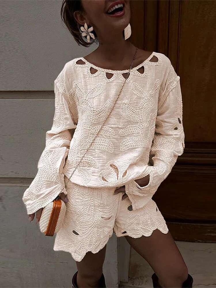 Casual Women 2 Piece Set Outfit Fashion O Neck Full Sleeve High Waist Shorts 2025 New Spring Loose Hollow Out Lady Holiday Suit