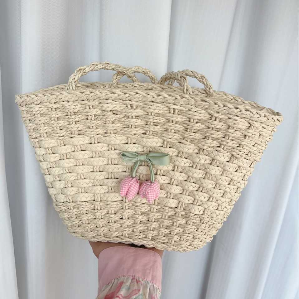 Small Fresh Woven Bag for Women 2025 New Summer Handheld Vegetable Basket Beach Bag Large Capacity Single Shoulder Bucket Bag