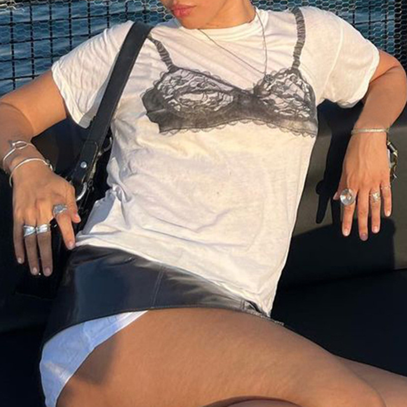 Design sense contrasting lace see through corset printed T-shirt 2025 summer fashion loose casual short sleeved top