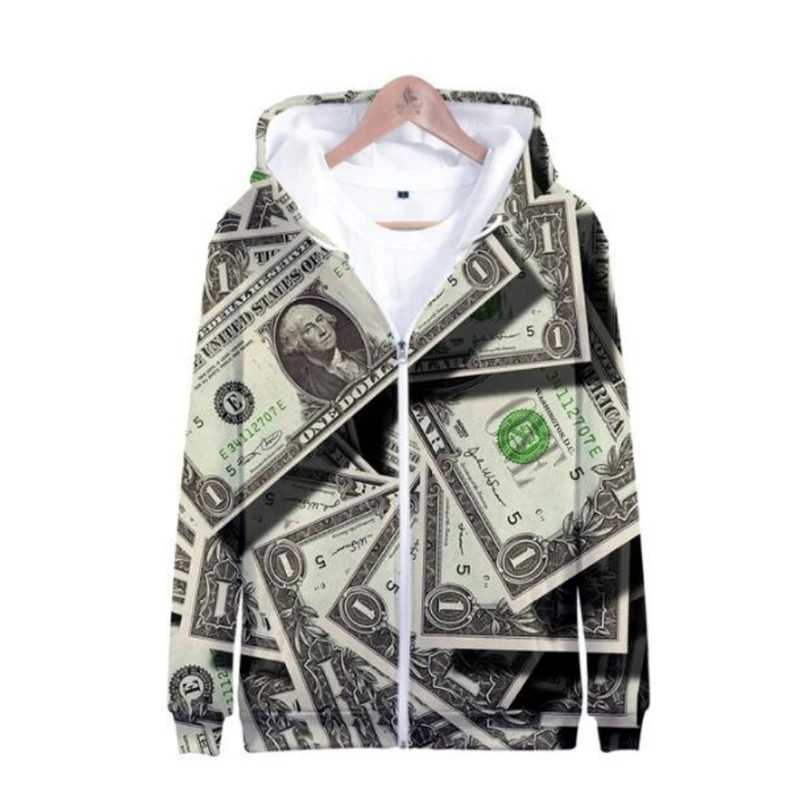 Fashion Dollar Pattern Zipper Hoodie Trend Autumn Long Sleeve 3D Banknotes Printed Sweatshirt Loose Casual Strtwear Pullovers X250227