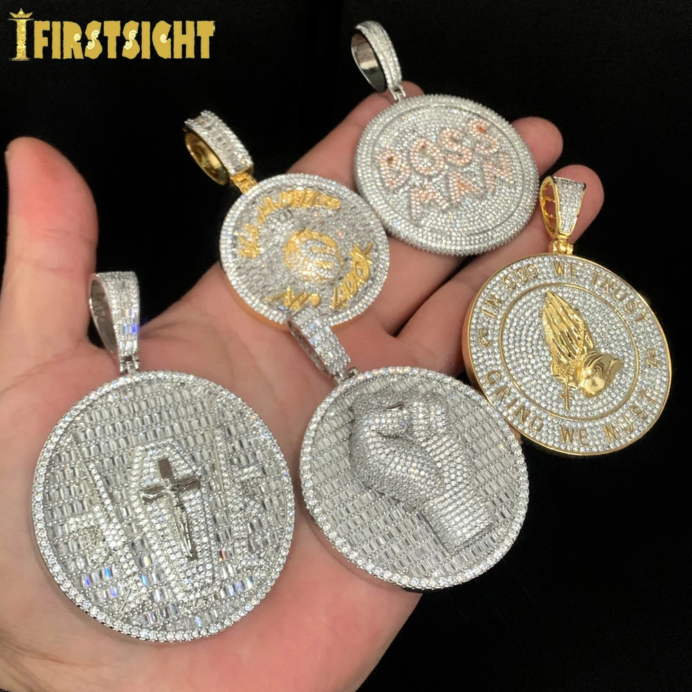 Iced Out Bling Round Letter Pendant Necklace Gold Color CZ Cubic Zirconia Badge Charm Men Fashion Hip Hop Jewelry 250227