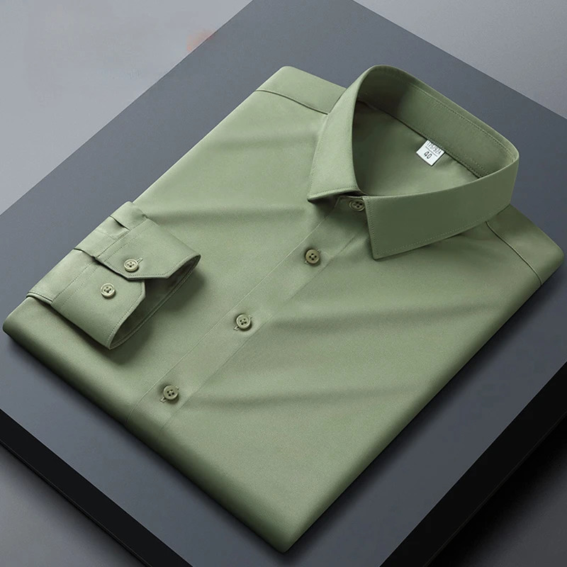 Long sleeved shirt for mens business casual orange non ironing wrinkle resistant elastic solid color mens shirt style 250224
