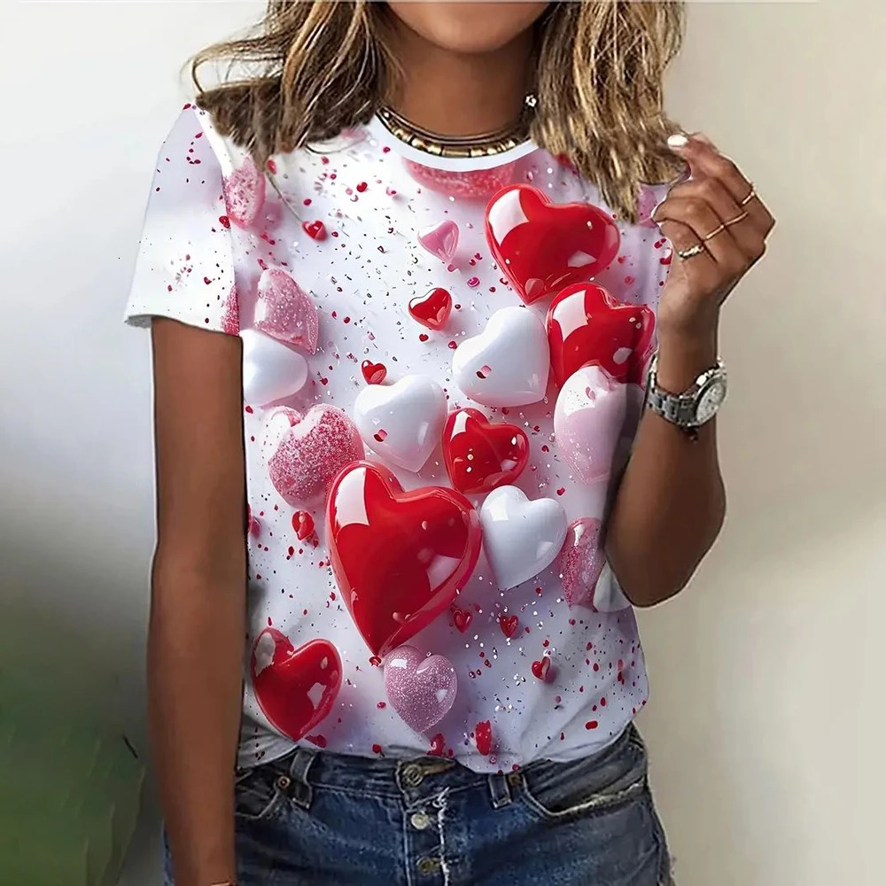 3D Love Print Womens Summer Round Neck Casual Loose Tshirt Ultra Thin Short Sleeve Top n Clothing 250226