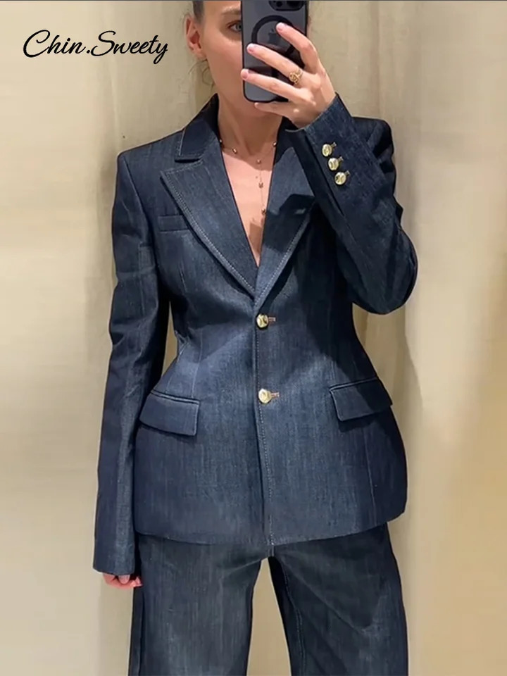 Vintage Denim Pant Sets 3 Pieces For Women Cinched Waist Blazer Strapless Vests Straight Trousers 2025 Jeans High Street Outfits 250226