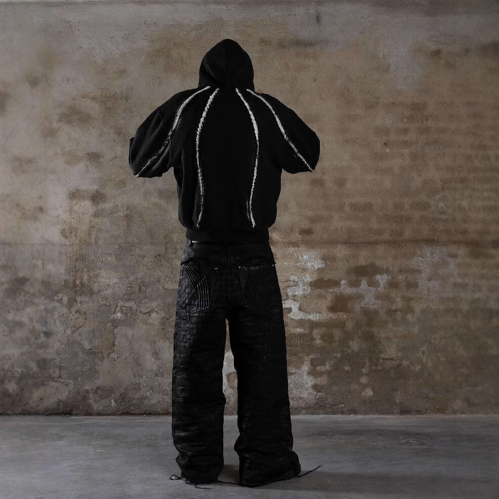 American heavy industry embroidery damaged high street dark punk design men's and women's loose hooded sweatshirt zipper jacket