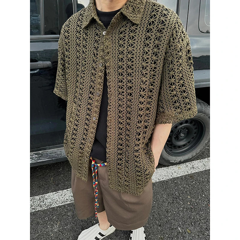 Fashion Army Green Knitted Hollow Shirt Mens Street Clothing Transparent Collar Short Sleeve Button Camisas Sexy Mens Clothing 2XL-M 250224