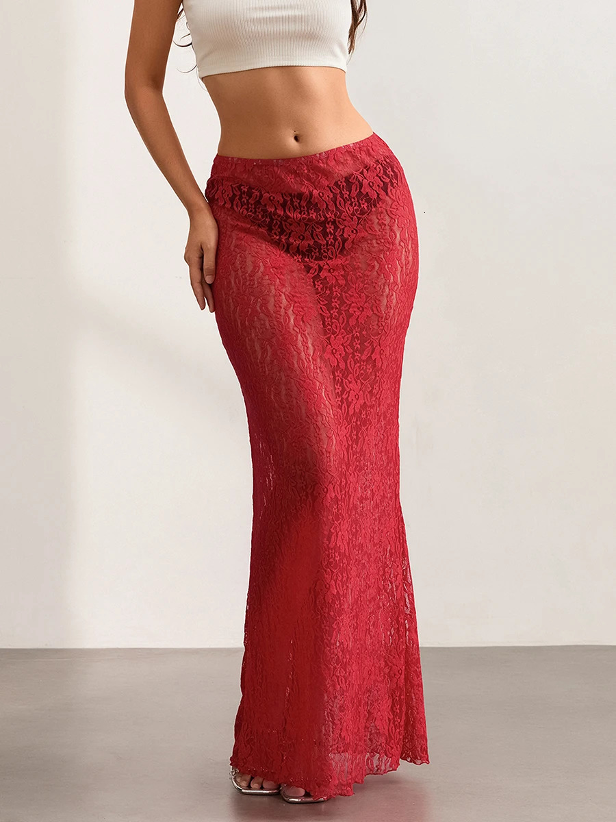 wsevypo See-Through Lace Floral Sheer Wrap Skirts Womens Fashion Low Rise Cover-ups Bodycon Skirt for Night Clubwear 250226