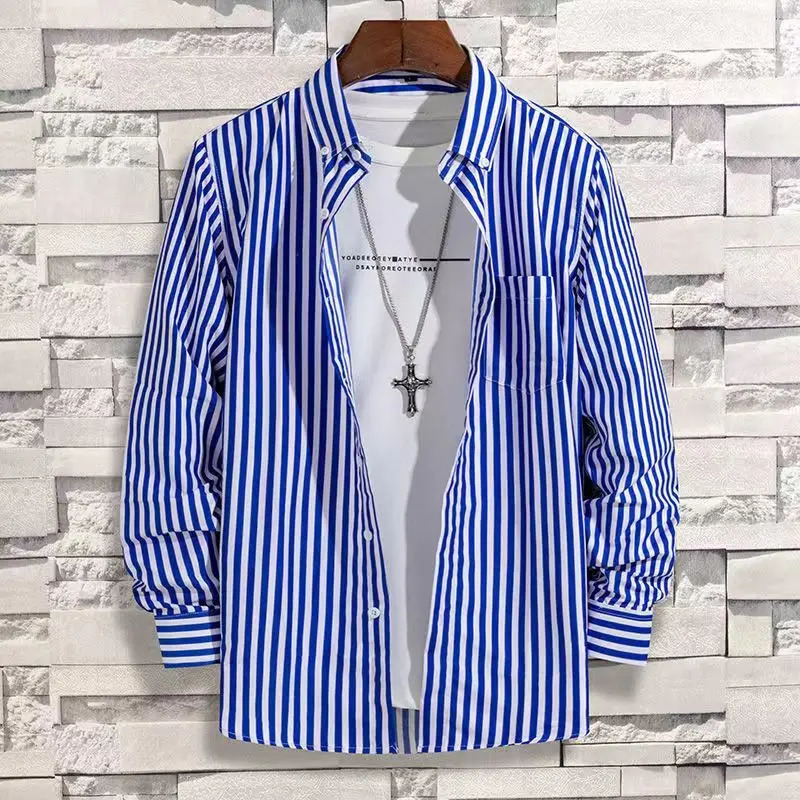 Mens Dress Shirts Striped Long Sleeve Plaid Checked Shirt Smart Casual Business NonIroning Korean Slim Fit Formal Blue White 250226
