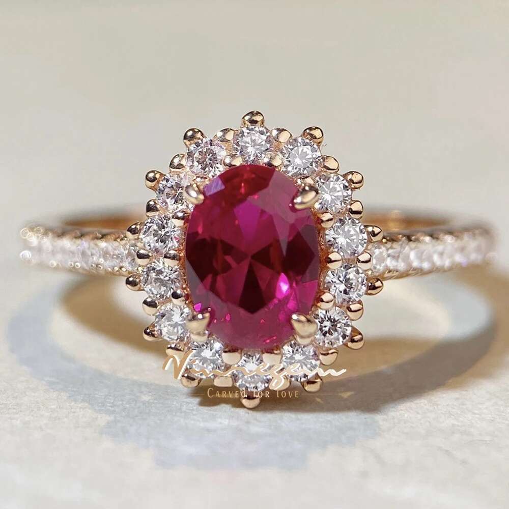 Vinregem 5*7 MM Oval Cut Ruby High Carbon Dia Gemstone Gold Plated Sterg Sier Wedding Party Ring Fine Jewelry