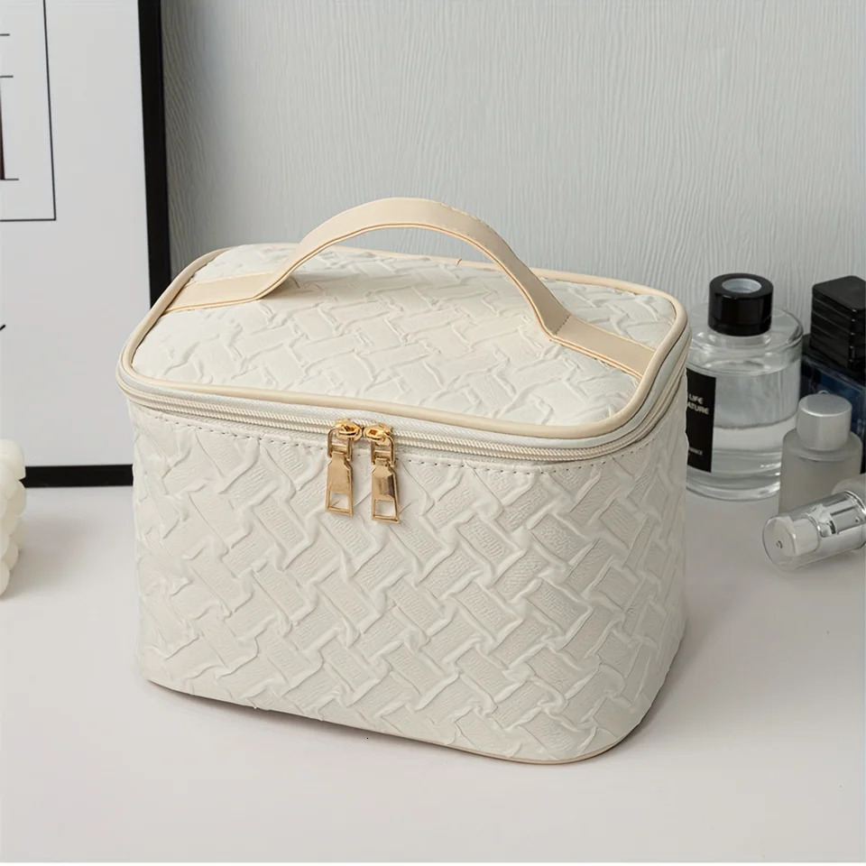 Ship from US White Premium Large capacity Portable Travel Makeup Bag Multifunctional Cosmetic Organizer Stainresistant Handheld Square B 250227FBB