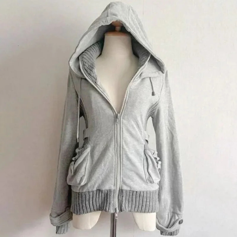 Y2K Harajuku Punk Street Hip Hop Trendy Clothing Retro Solid Color Zipper Hoodie Womens Casual Slimming Type Sportswear 250226