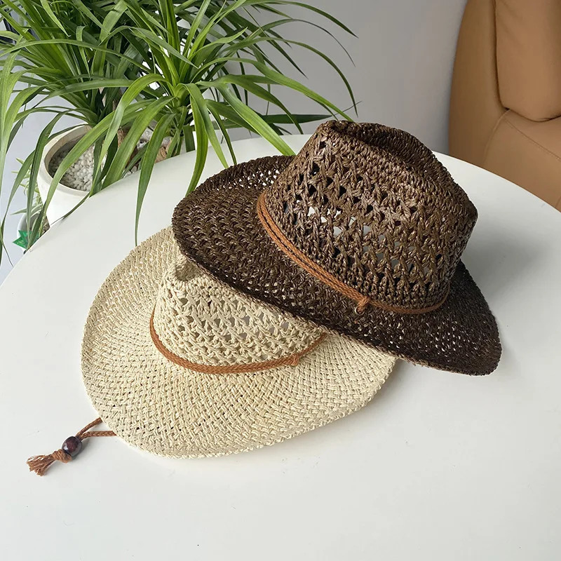 Summer Outdoor Men Women Hand-woven Western Cowboy Paper Straw Hats Wide Brim Breathable Beach Jazz Cap Sun Protection Hat 250218