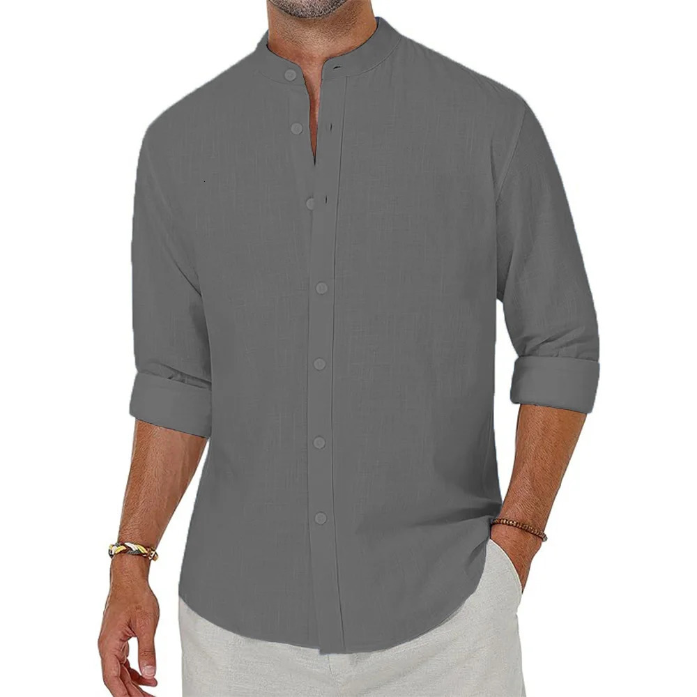 Mens Cotton Linen Shirts Long Sleeve Button Down Shirt Henley Collar Beach Shirts Hawaiian Vacation Casual Tops Men 250224